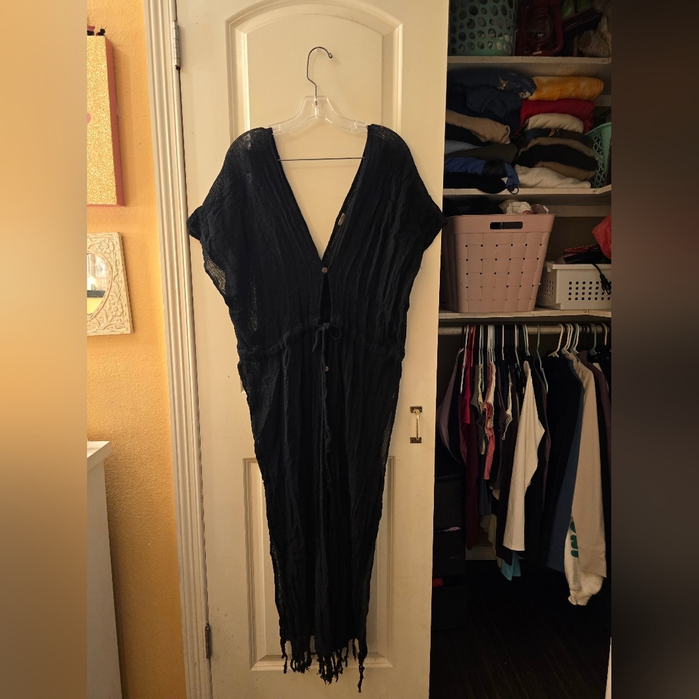 Sasil Handmade Linen Beach Cover Up Kimono Color Black Sz M